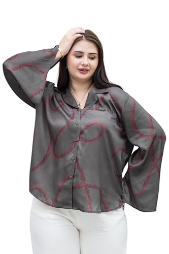 PURYS Women's Olive Abstract Print Plus Size Slit Sleeves Satin Shirt, 3X-Large