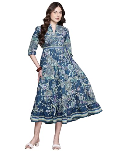 Label RITU KUMAR Blue Alanna 3/4 Sleeves Long Dress with Belt