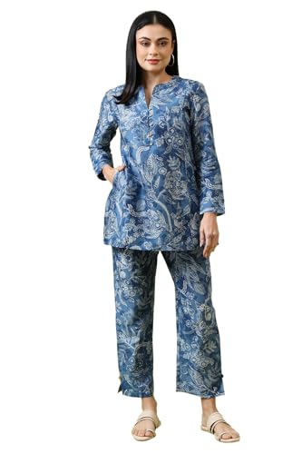W for Woman Blue Floral Printed Pure Cotton Tunic and Pants Co-ord Set (Size: XS)-WS31228-124187