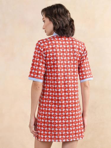 Rareism Women's Cotton Ribbed Collar Geometric Print Midi Relaxed Fit Dress