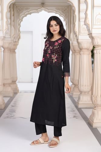 W for Woman Floral Embroidered Straight Woven Kurta with Pant and Dupatta Set - Black (WS12972-223738-XL)