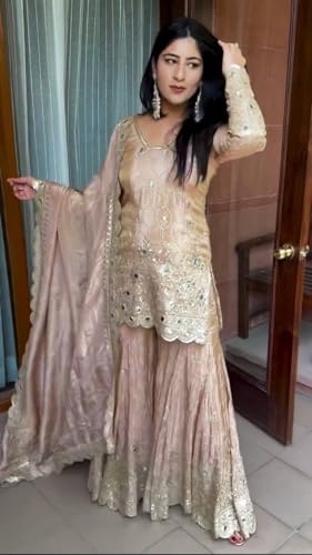 SAMUYA Embroidered Sharara Set, Beige, Net Fabric, Sequin Work, 3-Piece Suit with Dupatta (IN, Alpha, 2XL, Regular)