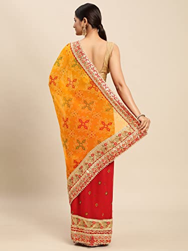 Pandadi Saree Women's Georgeete Bandhani Saree With Unstiched Blouse Piece - Art Silk, Red