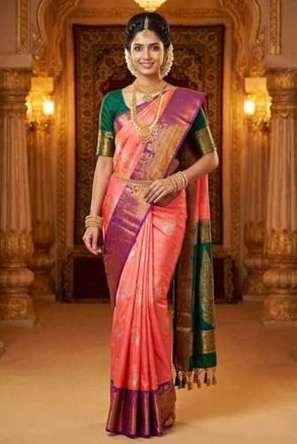 VFCollections Women's Traditional Handloom Kanchipuram Silk Pure Pattu Sarees | Rich Zari Woven Design | Unstitched Blouse (VFC106) (VFC264-3)