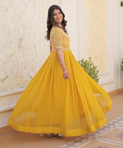 Fashion Basket Georgette Embroidered Anarkali Gown for Women Yellow