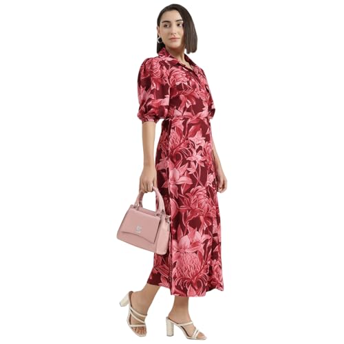 United Colors of Benetton Regular Fit Spread Collar Tropical Printed Dress (Size : XS) - 26P4DRESS057I901 Maroon