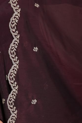 W for Woman Purple Floral Printed Dori Embroidered Chanderi Flared Kurta with Mock Layer and Dupatta Set (Size: XS)-24AUWS11194-124358