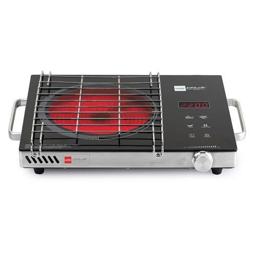 Cello Induction Cooker Blazing 800+ Infra Ceramic Plate 2200 Watt Induction Cooktop with BBQ Grill, Soft Touch Button with Crystal Glass (Black)