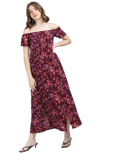 Tokyo Talkies Women Off Shoulder Neck Short Sleeve Maxi Dress TTJ6010774 Maroon S