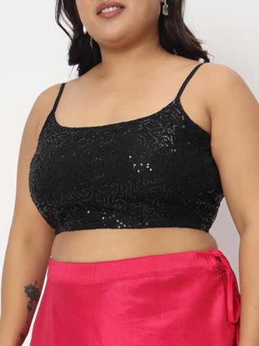 studio rasa Women's Plus Size Polyester Embellished Spaghetti Saree Blouse for Wedding Festive Party(TPWPC124BLRC01XXL_Black_XX-Large)