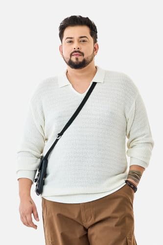 SNITCH Men Plus Size Tshirt | Textured Knit Design with Relaxed Fit | Premium Cotton Blend Fabric & Full Sleeve Pullover | Casual Wear for Everyday Comfort | White
