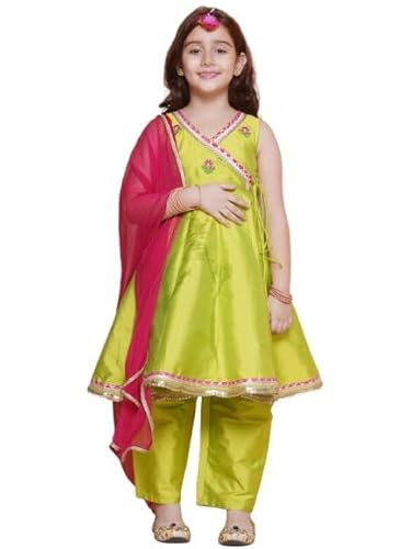 Bitiya By Bhama Girls Green Floral Embroidered Angrakha Kurta with Trousers & Dupatta(TKS166)
