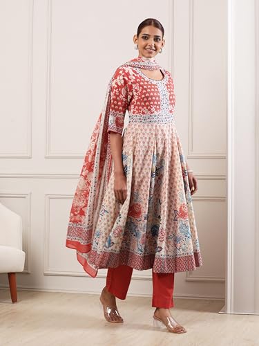 Biba Women Red Cotton Anarkali Suit Set_38
