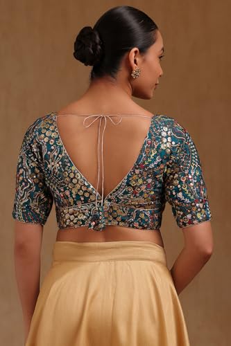 Soch Womens Turquoise Blue Georgette Embroidered Padded Blouse with Sequins