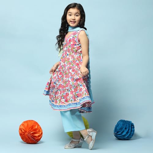 BIBA Girls Voile Printed Narrow Kurta with Pant & Dupatta (Kw5279_Blue_13), 12-13 Years