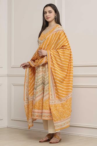 Biba Women Mango Yellow Cotton Printed Anarkali Suit Set_38