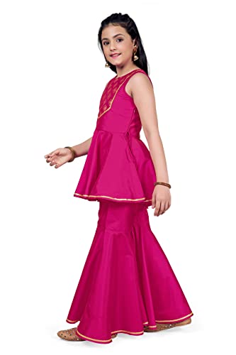 Fashion Dream Girl's Silk Blend Top With Sharara Set (FDGSET00028 PNK 36_Pink_11 Years-12 Years)