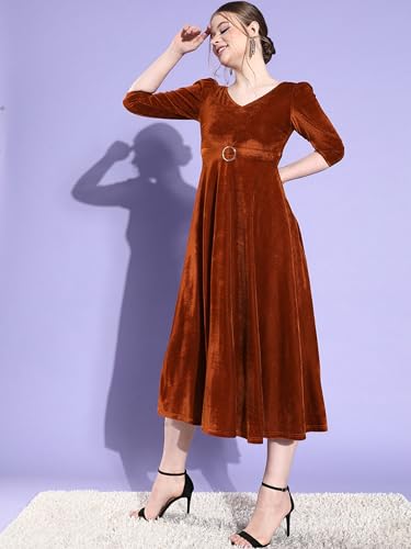 Miss Chase Women's V-Neck Three-Quarter Sleeve Solid Fit & Flare Midi Velvet Dress (MCAW22D13-73-606-02, Rust, XS)