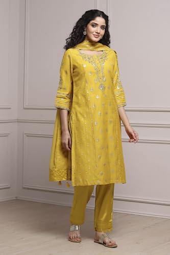 Biba Women Lime Cotton Blend Straight Yarndyed Suit Set_46