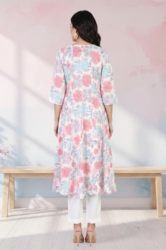 W for Woman White Floral Printed Pure Cotton Flared Kurta with Trousers Set - (WS14520K-128160-XS)