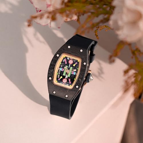 FEICE Women's Automatic Wrist Watch Fashion Skeleton Mechanical Watch with Carbon Fiber Strap Waterproof Wristwatch for Ladies FM606Black