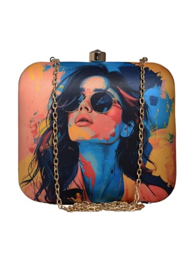 Multicoloured Women Portrait Printed Clutch