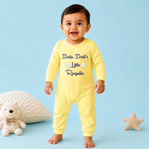 The Peppy Tend Baby Romper for Boys & Girls | 100% Cotton Full Sleeve Onesie Jumpsuit Dada Dadi's Little Rasgulla | New Born Outfit (0-12 Months) (Yellow, 0-3Months)