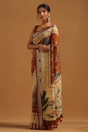 Soch Womens Rust Poly Viscose Ethnic Motifs Saree