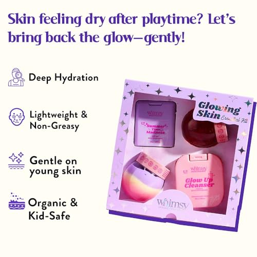 Whimsy Beauty Glowing Skin Essentials Kit for Kids and Teens,Complete Skincare Set with Cleanser Moisturizer Sunscreen (4 to 16 years) Natural, Chemical Free, Sulfate-Free, Dermatologist Tested