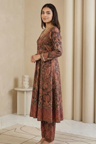 W for Woman Coffee Brown Paisley Printed Thread Embroidered Velvet A-line Winter Kurta with Straight Pants and Dupatta Set - (WS13326-127262-L)