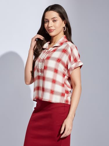 Latin Quarters Women Red Collared Short Sleeve Checks Top Blouse for Casual Wear_M