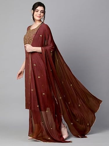 HF HOLYDAY FASHION Straight Cotton Blend Designer Embroidered Work Sweetheart Round Neck Kurta Set with Pant & Dupatta for Women Coffee