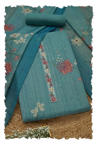 Soch Womens Blue Linen Shimmer Floral Print Unstitch Dress Material With Thread Work