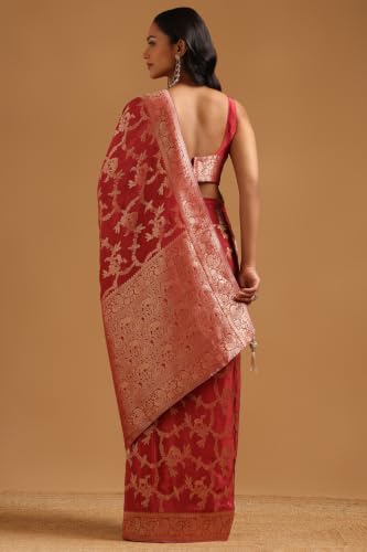 Soch Womens Onion Pink Crepe Botanical Zari Woven Saree