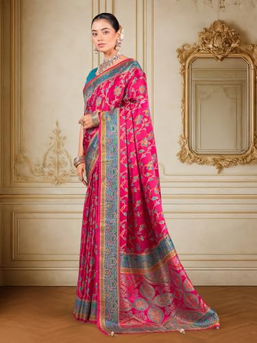 Glory Sarees Women’s Luxurious Dola Satin Pure Silk Original Saree Position Print Work Madhubani Inspired Motifs Banarasi Kanjivaram Style Saree With Blouse Piece (Elegant105_Pink)