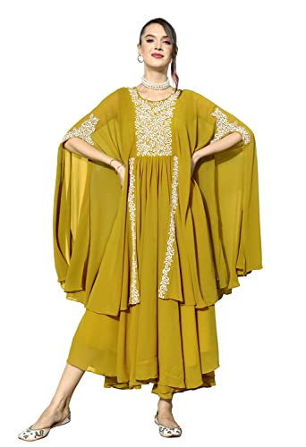 LYMI LABEL Gown For Women - Georgette sequence Embroidered Floor length Exaggerated Sleeves Fit & Flared Gown (Mustard)