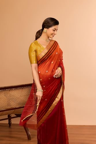 Taneira Women Dark Orange Silk Cotton Chanderi Woven Saree with Unstitched Blouse Piece (SAPH02AB0797-Dark Orange)