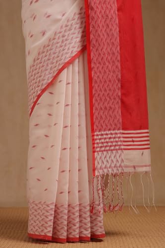 Soch Womens White Cotton Woven Design Saree