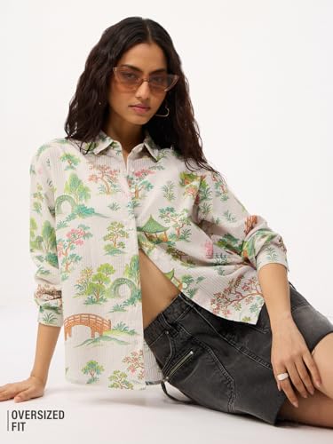 The Souled Store Kaleidoscope Women and Girls Long Sleeves Spread Collar White Scenic Landscape Printed Cotton Oversized Fit Lightweight All-Season Shirt