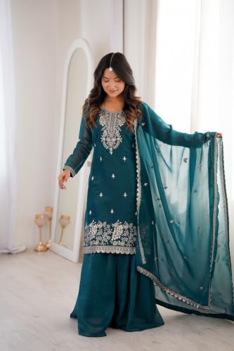 Leeli Peeri Designer Women's Crunchy Silk Embroidery Kurta Sharara Set With Dupatta.