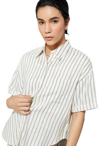 Max URB_N Women Embroidered Striped Oversized Shirt (Ivory_L)