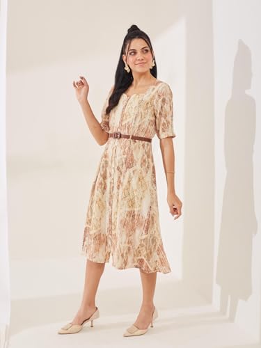 Latin Quarters Women's Beige Printed Half Sleeves Square Neck Casual A-Line Dress_XL