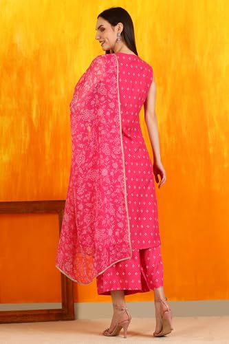 W for Woman Pink Embroidered Shantung Sleeveless Kurta, Cropped Pants and Dupatta Set (Size: M)-WS12730-125179
