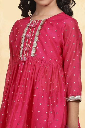 Biba Girl's Pink Polyester Blend Printed Gathered Suit Set