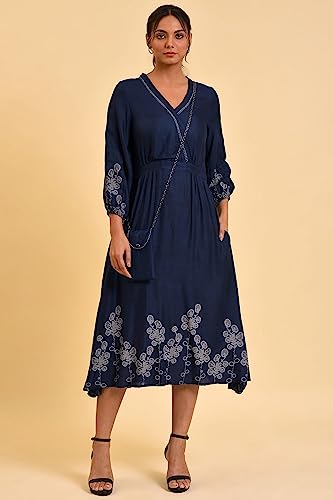 W for Woman Women's Rayon Blue Mock Layer Western Dress with Slim Bag Calf Length 23FEW18883-810412