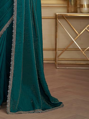 AKHILAM Women's Teal green Georgette Embellished Saree With Unstitched Blouse Piece (SALSA8102_TFH)