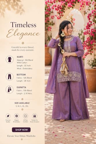 VARNI FABRICS: A lady's First Love Women's Purple Silk Blend Embroidered Straight Kurta Set With Palazzo And Dupatta