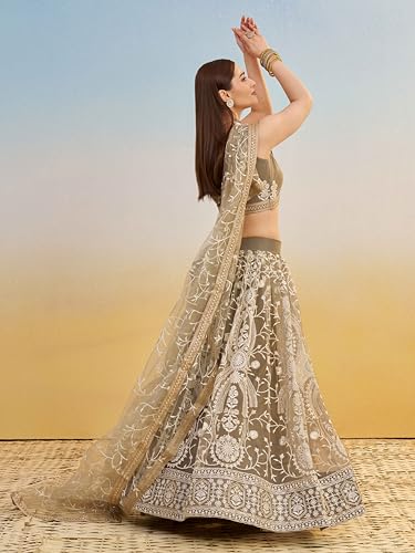 Zeel Clothing Women's Cotton Thread Sequins Work Embroidery Soft Net Lehenga Choli With Dupatta (NFH-2144-Ivory-Women-Lehenga-Choli-New; Free size) (Ivory)