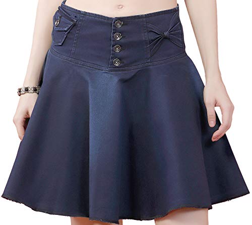 FCK-3 Stretchable Denim Dark Blue Color Flared Broad Waist Band Four Buttoned Lightly Faded Skirt for Women-32