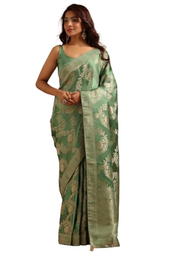 Soch Womens Olive Satin Botanical Zari Woven Saree